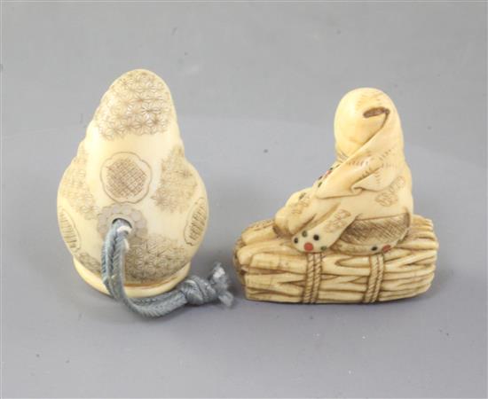 Two Japanese ivory netsukes of a seated woman, Meiji period,